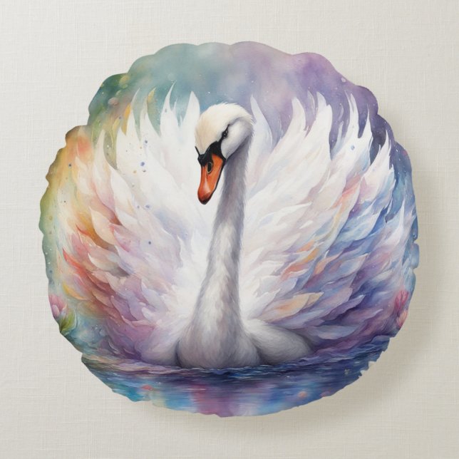 Rainbow Birds Swan 1 Round Cushion (Front)