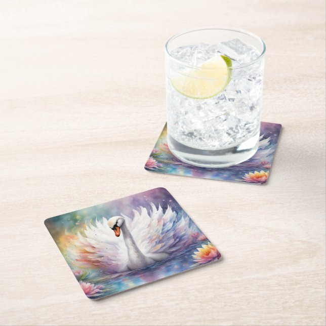 Rainbow Birds Swan 1 Square Paper Coaster (Insitu)