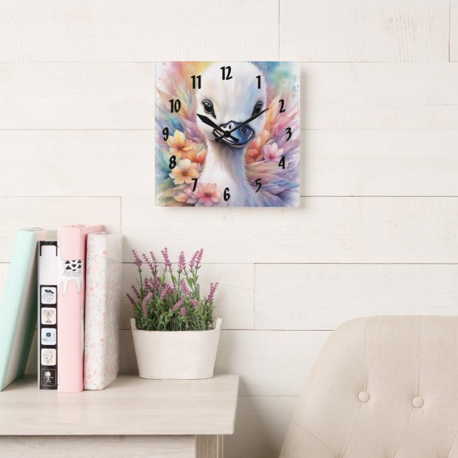 Rainbow Birds Swan 2 Square Wall Clock (Reading Room)