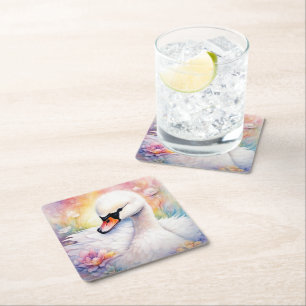Rainbow Birds Swan 3 Square Paper Coaster