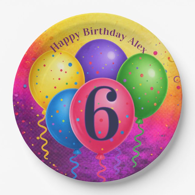 Rainbow Birthday Balloon Confetti Party Paper Plate (Front)