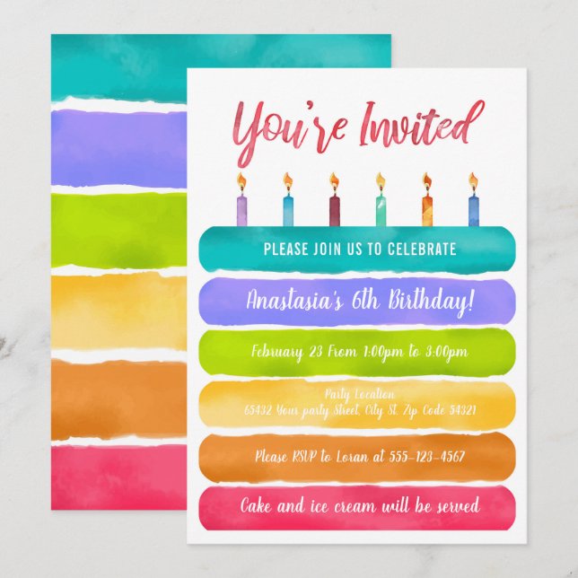 Rainbow Birthday Cake Party Invitation (Front/Back)