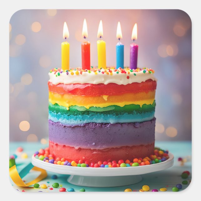 Rainbow Birthday Cake Square Sticker (Front)