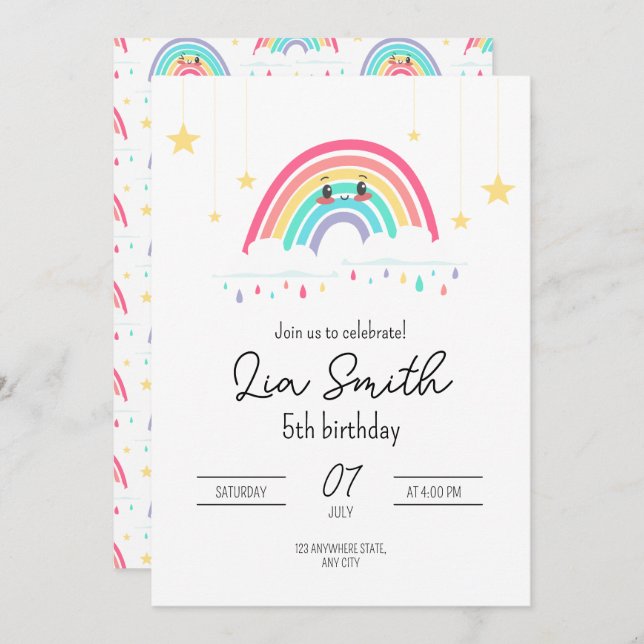 Rainbow Birthday Invitation for Girls Boho Rainbow (Front/Back)