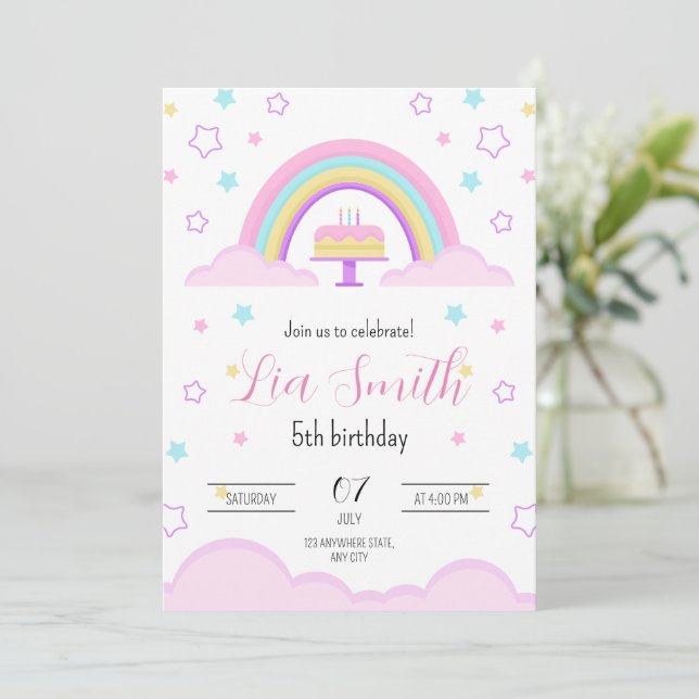 Rainbow Birthday Invitation for Girls Boho Rainbow (Standing Front)