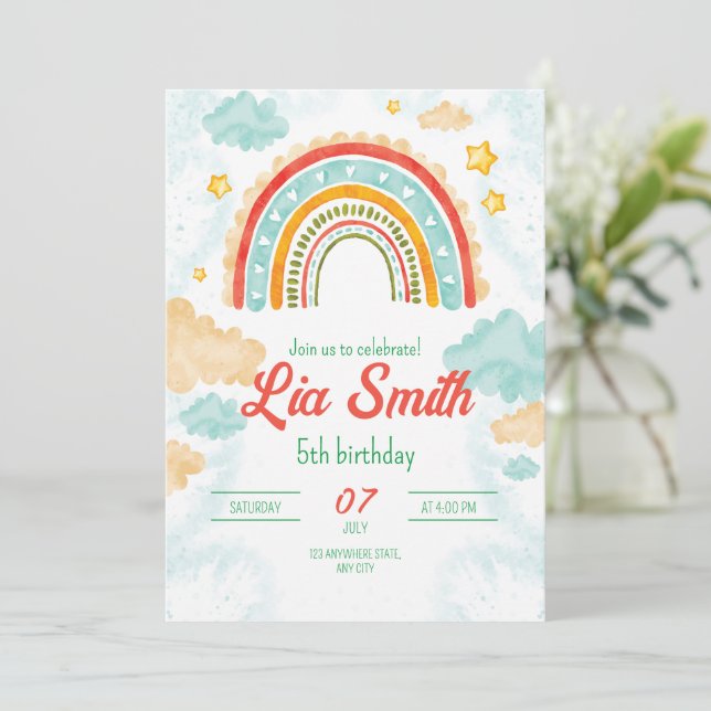 Rainbow Birthday Invitation for Girls Boho Rainbow (Standing Front)
