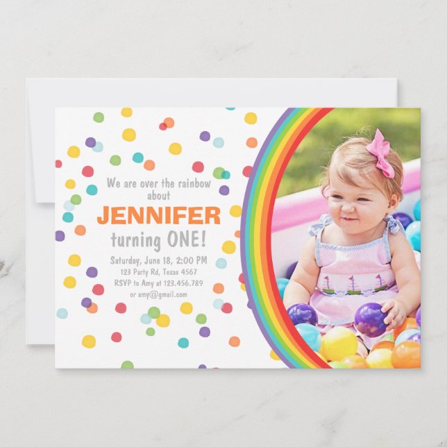 Rainbow birthday invitation Girl confetti Colourfu (Front)