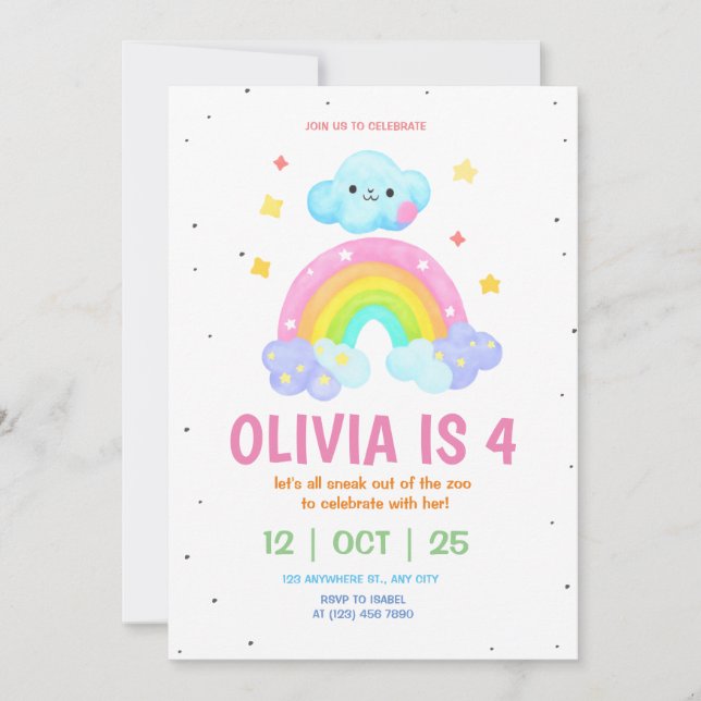 Rainbow Birthday Invitation Girls Rainbow Party  (Front)