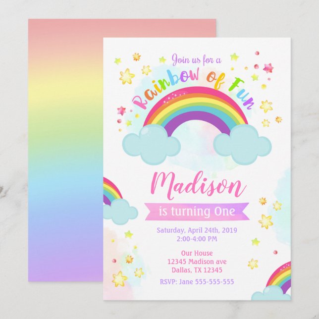 Rainbow Birthday Invitation, Rainbow of Fun Invitation (Front/Back)