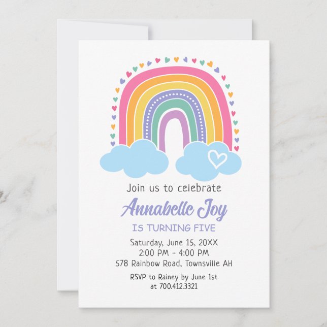 Rainbow Birthday Invitation with hearts (Front)