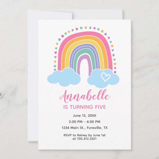 Rainbow Birthday Invitation with hearts (Front)