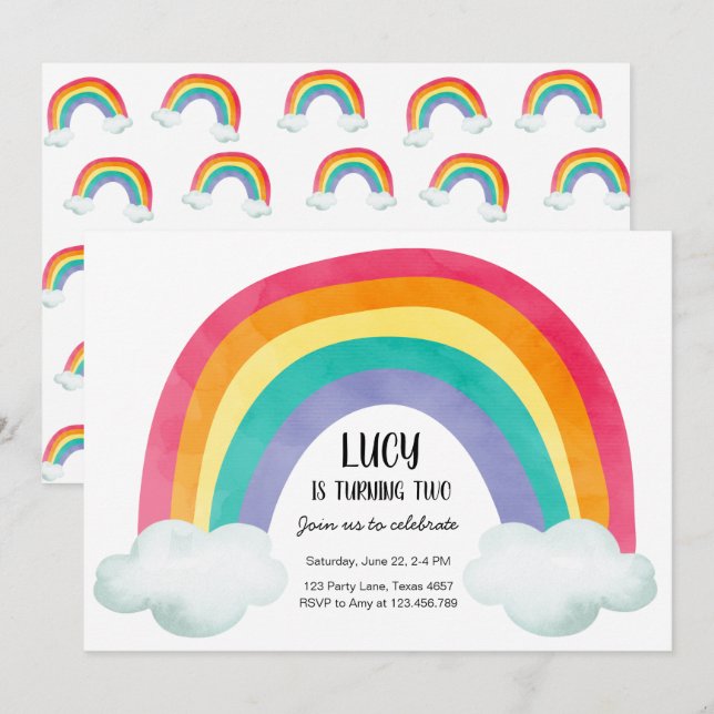 Rainbow Birthday Party Clouds Watercolor Girl Invitation (Front/Back)