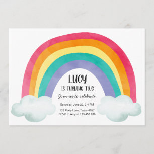 Rainbow Birthday Party Clouds Watercolor Girl Invitation