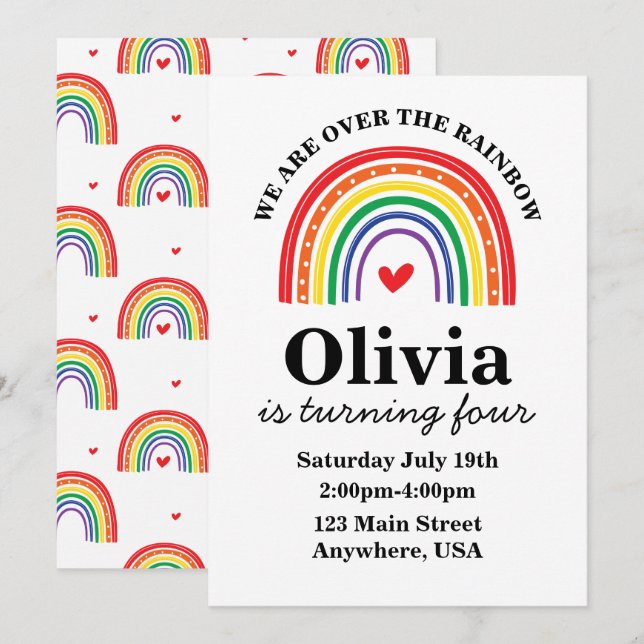 Rainbow birthday party invitation  (Front/Back)
