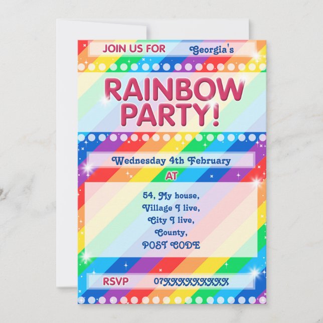 Rainbow Birthday Party Invitation Customisable (Front)