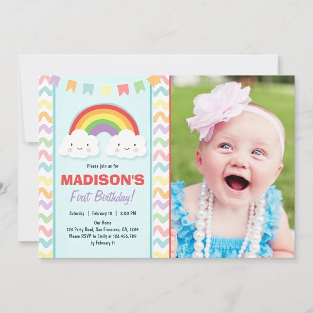 Rainbow Birthday Party Invitation Girl Clouds (Front)