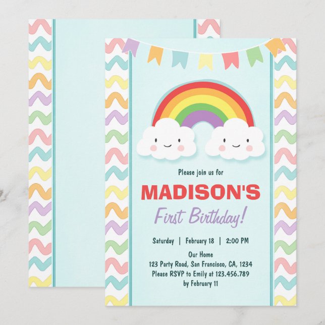 Rainbow Birthday Party Invitation Girl Clouds (Front/Back)