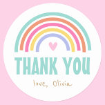 Rainbow Birthday Thank You Party Favour Classic Round Sticker<br><div class="desc">Say "thank you" to your guests for coming to the party with these stylish birthday stickers. A cute design illustrated with a colourful rainbow over a little pink heart and personalised with the words "Thank you" and a custom name. These celebration stickers are a great way to seal gift bags...</div>