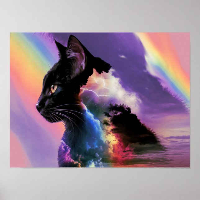 Rainbow Black Cat Design Surreal Poster Print Art (Front)