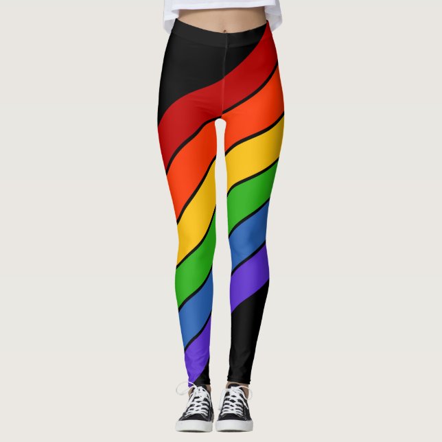Rainbow Black Diagonal PRIDE Striped Leggings (Front)