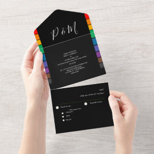 Rainbow Black Minimalist Elegant Script All In One Invitation