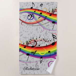 Rainbow Black Musical Notes on Grey Beach Towel