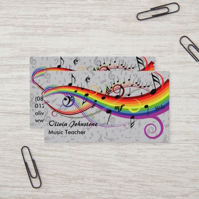 Rainbow Black Musical Notes on Grey Business Cards (Front/Back In Situ)