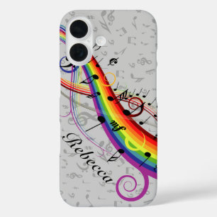 Rainbow Black Musical Notes on Grey iPhone 16 Case
