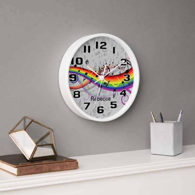 Rainbow Black Musical Notes on Grey Clock (Office)