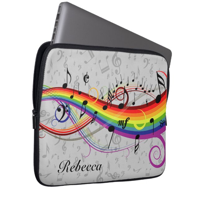 Rainbow Black Musical Notes on Grey Laptop Sleeve (Front Right)