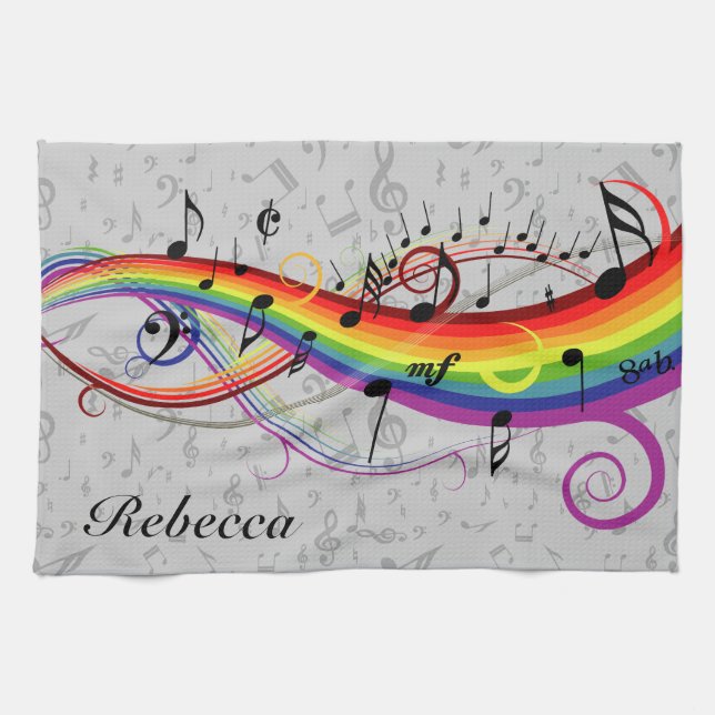 Rainbow Black Musical Notes on Grey Tea Towel (Horizontal)