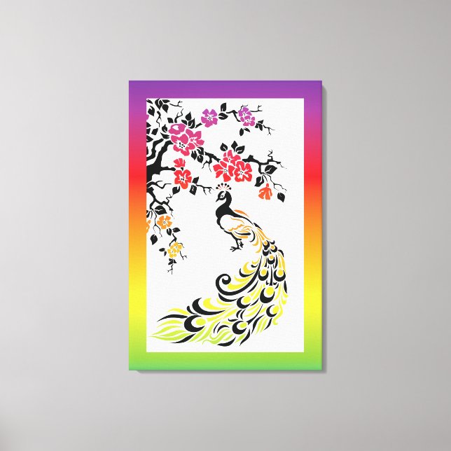 Rainbow, black peacock and cherry blossoms canvas print (Front)