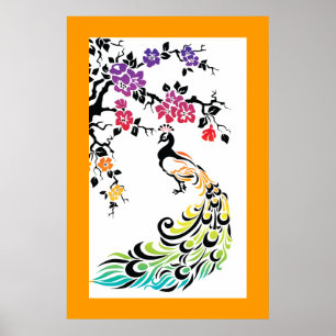 Rainbow, black peacock and cherry blossoms poster