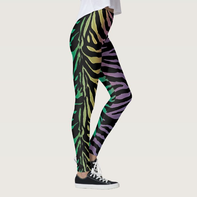 Rainbow Black Stripe Zebra Animal Print Leggings (Right)