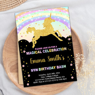 Rainbow Black Unicorn Birthday Invitations