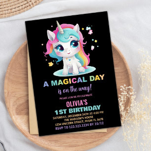 Rainbow Black Unicorn Birthday Invitations