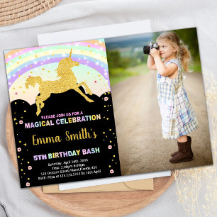 Rainbow Black Unicorn Birthday Invitations w photo