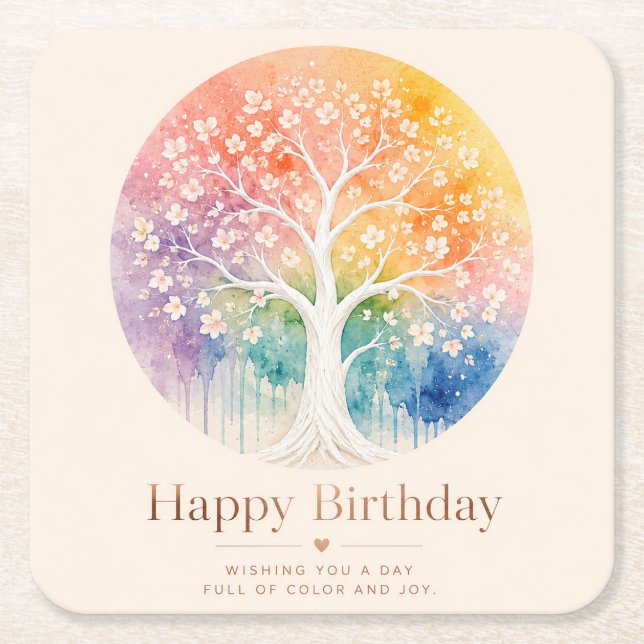 Rainbow Blossom Tree Birthday Joy Square Paper Coaster (Front)