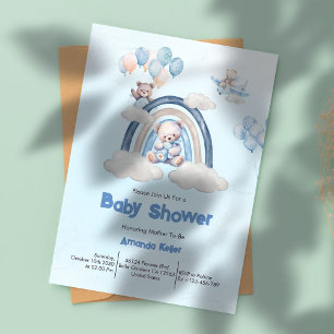 Rainbow Blue Bear Ballons Simple Baby Shower Invitation