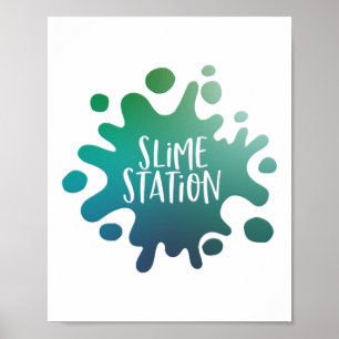 Rainbow blue, green slime station party poster