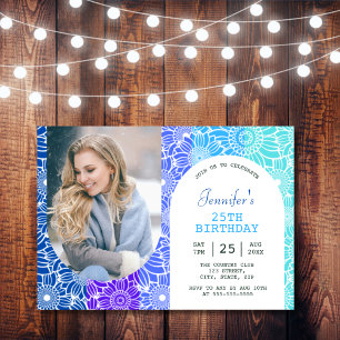 Rainbow Blue Stripes Floral Arch Photo Birthday Invitation