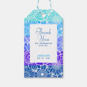 Rainbow Blue Stripes Floral Birthday Thank You Gift Tags
