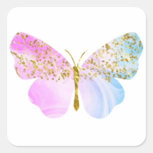 Rainbow blue violet with Gold Glitter Butterfly Square Sticker