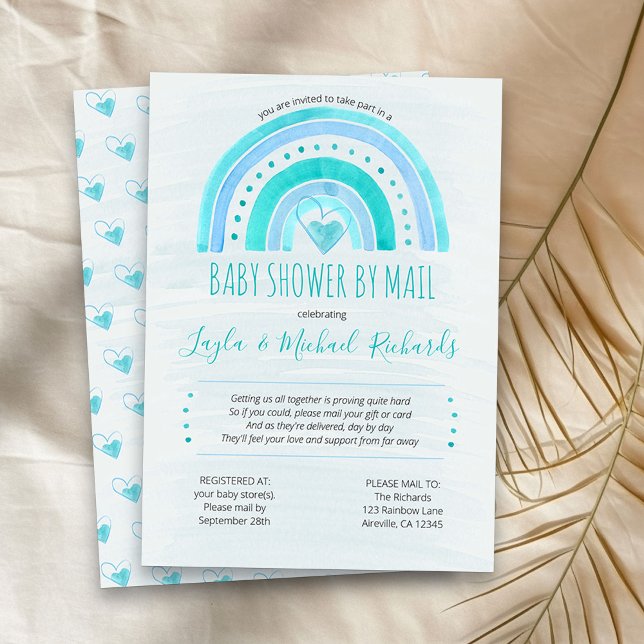 Rainbow Blue Watercolor Wash Baby Shower by Mail Invitation (Blue Rainbow boy baby shower by mail invitation)