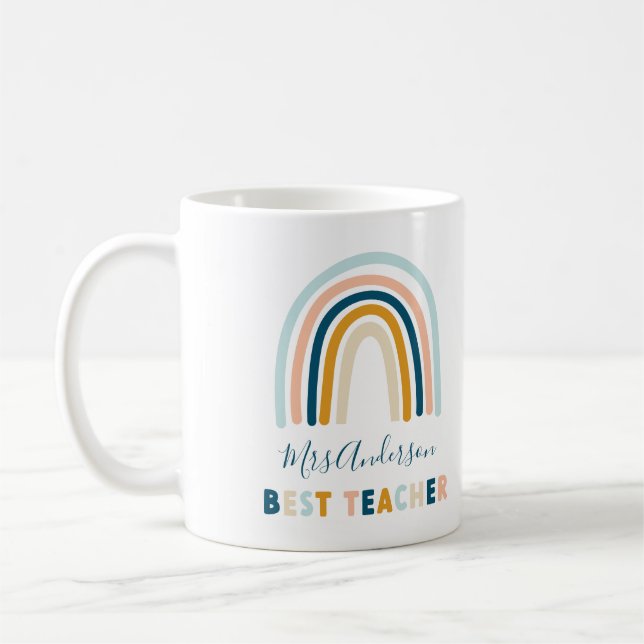 Rainbow blue yellow personalised best teacher groc coffee mug (Left)