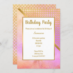 RAINBOW BLUR GOLD MERMAID SCALE BIRTHDAY  INVITATION