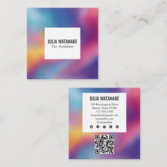 Rainbow Blur Minimalist Modern QRCode Social Media Square Business Card (Front/Back)