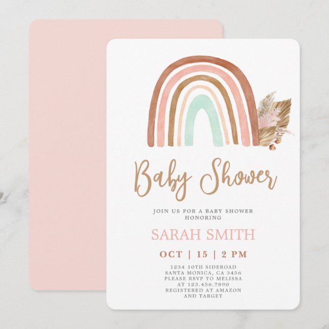 Rainbow Blush pink boho Baby Shower girl Invitation (Front/Back)