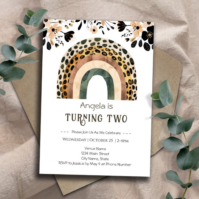 Rainbow Boho Animal Print Floral 2nd Birthday  Invitation (Creator Uploaded)