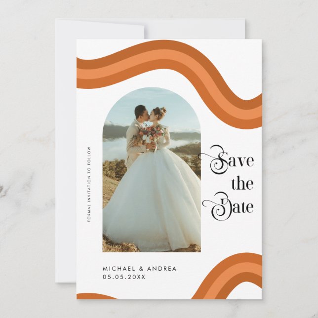 Rainbow Boho Arch Photo Retro Script 70s Wedding   Save The Date (Front)